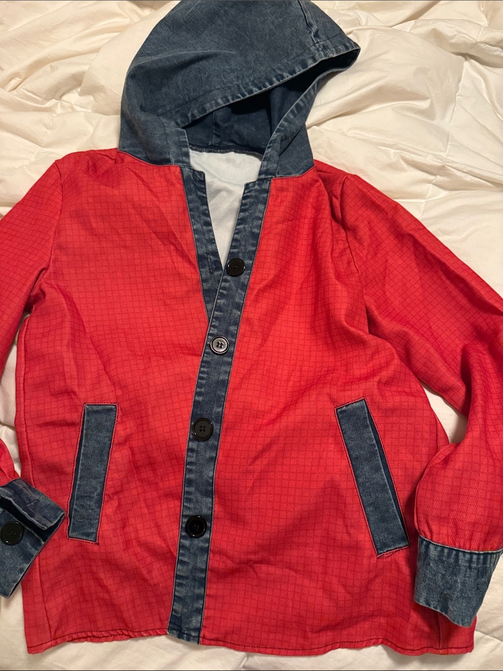 Kids Red Hooded Raincoat with Denim-Trim Accents 3XL kids or small women’s
